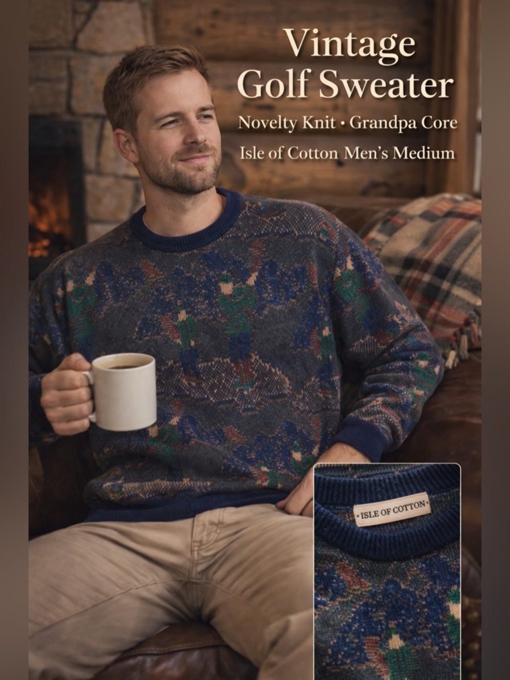 Vintage Golf Sweater Novelty Knit Grandpa Core Crewneck Isle of Cotton Men’s Med